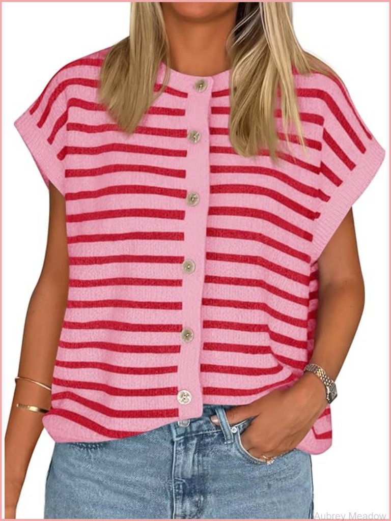 Striped Cap Sleeve Sweater Vest Cardigan Cute Knit Button Down Top
